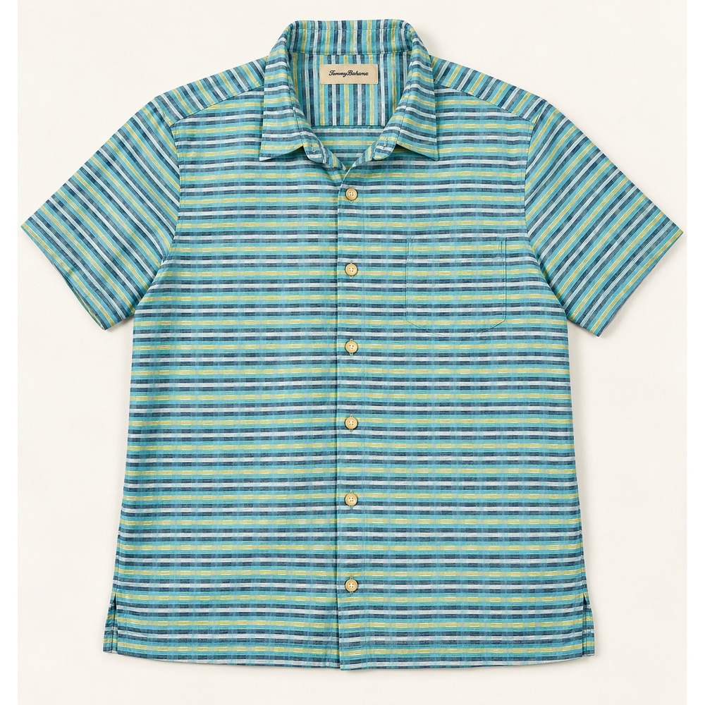 Tommy Bahama Mens XXL Silk Cotton Striped Short Sleeve Button Down Shirt Blue
